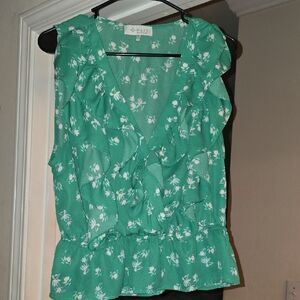 Wayf Teal Floral Ruffle Blouse